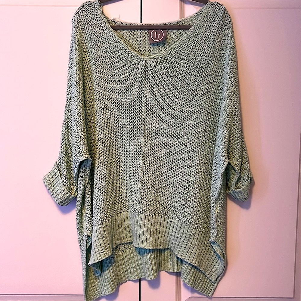 Lily Rain Mint Sweater Oversized Preppy Mid Sleeve V Neck Long Coverup